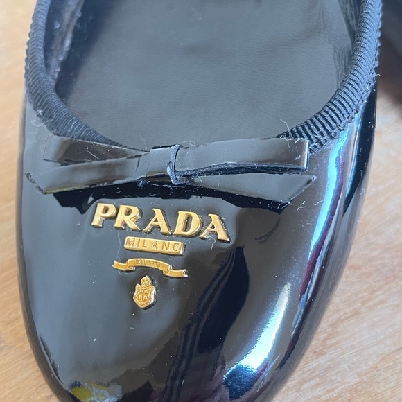 PRADA Black Patton Leather Classic Milano Flats Beautiful Gold Logo 36.5 ITALY!! - Picture 11 of 12